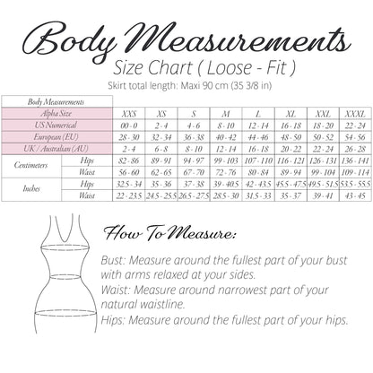Body measurements size chart for a loose-fit garment, showing a table with body measurements in US sizes from XXS to XXXL, plus a simple line drawing of a body silhouette and step-by-step how-to-measure instructions.