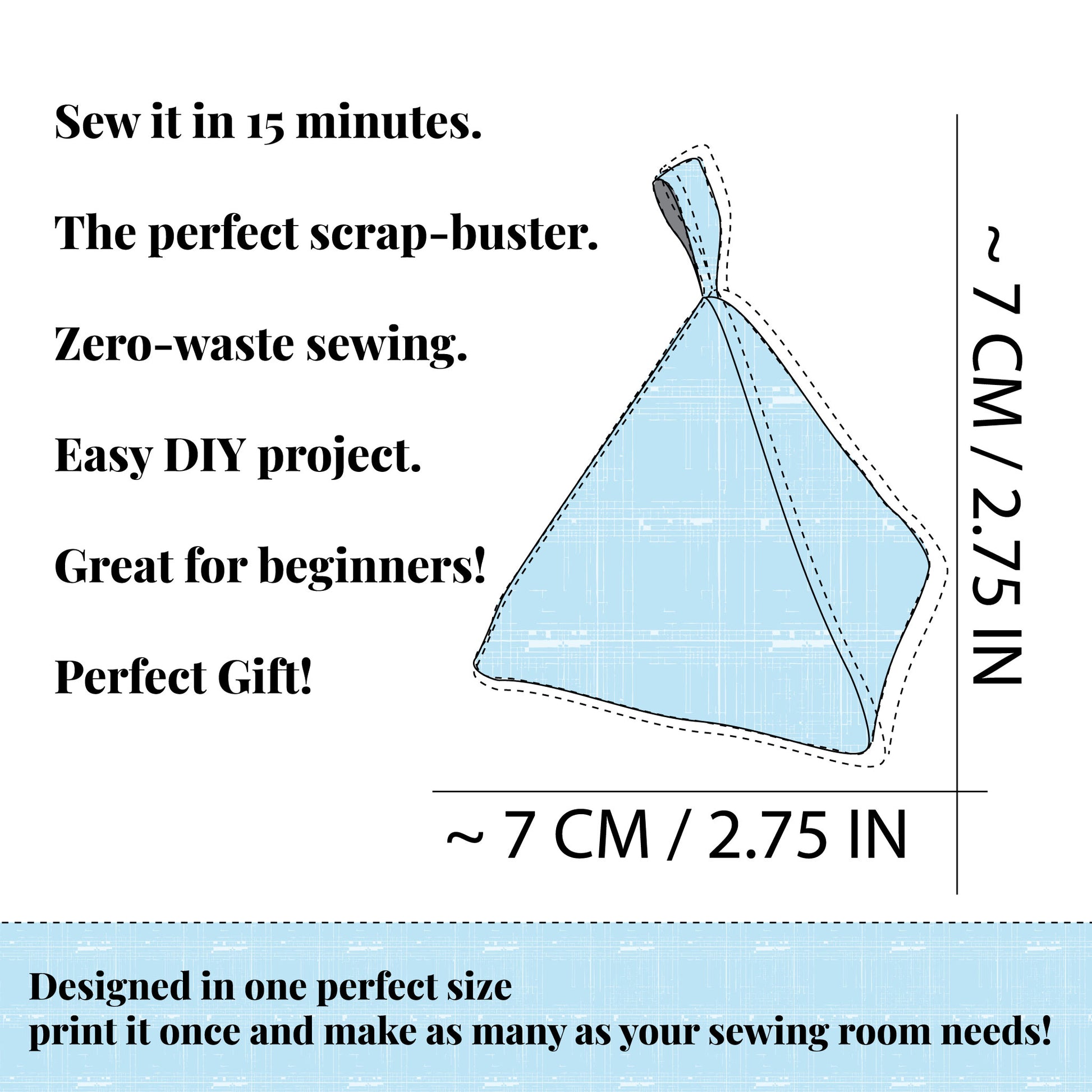 Sewing weight Sewing pattern with text describing its features and benefits on a white background