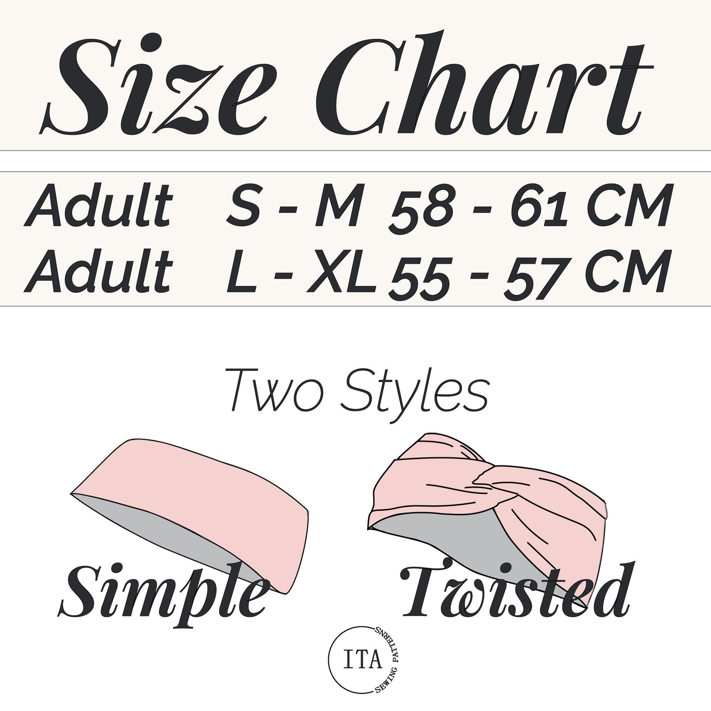Size chart for headband sewing pattern with measurements and styles on a white background