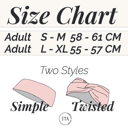 Size chart for headband sewing pattern with measurements and styles on a white background