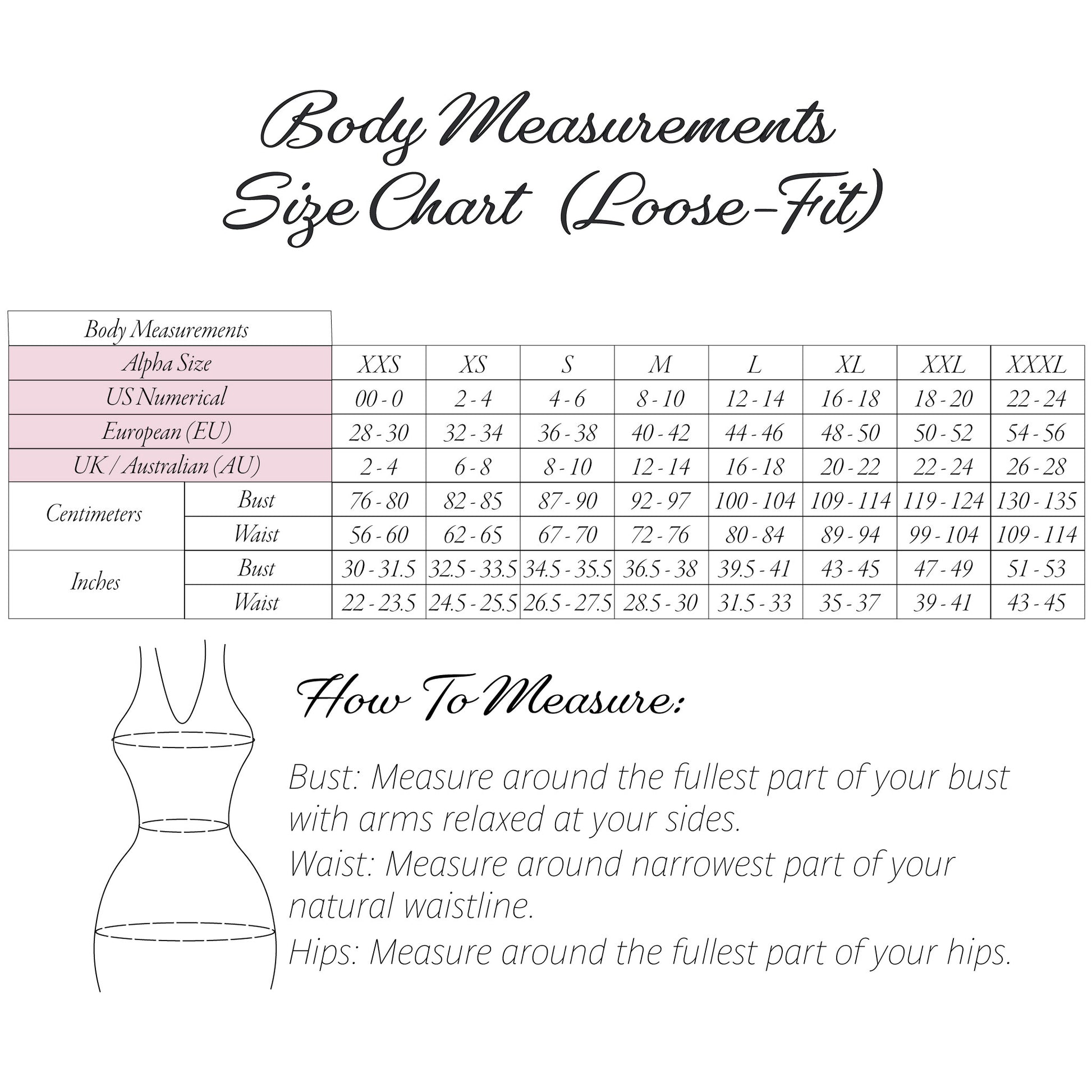 A body measurements size chart for a loose-fit garment, showing a size table from XXS to XXXL with centimeter and inch measurements, plus a simple line drawing of a torso and measurement instructions.