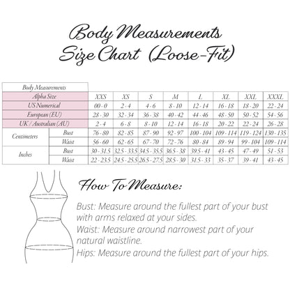 A body measurements size chart for a loose-fit garment, showing a size table from XXS to XXXL with centimeter and inch measurements, plus a simple line drawing of a torso and measurement instructions.