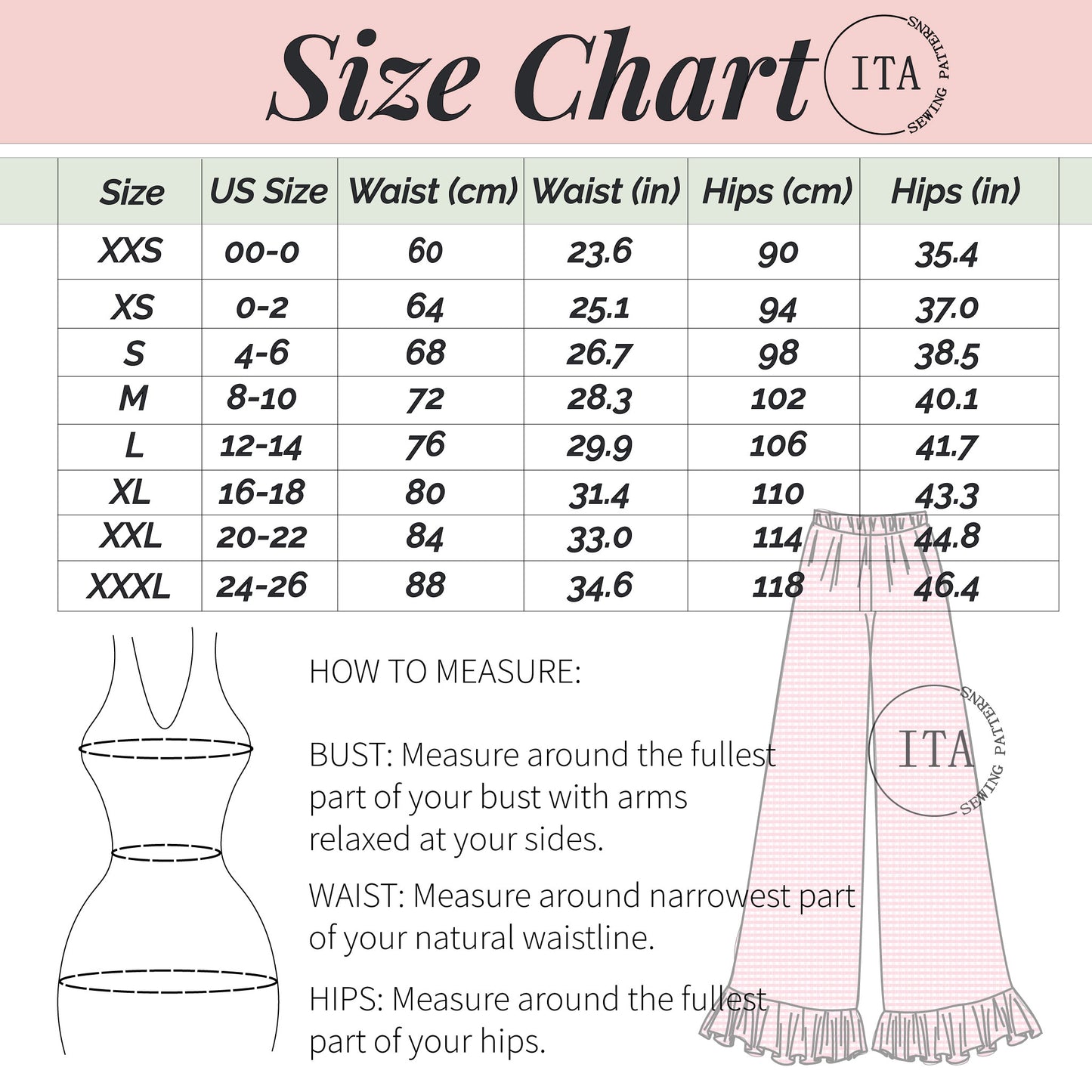 Size chart for clothing with measurements in centimeters and inches, including a diagram on how to measure bust, waist, and hips. Ita sewing patterns logo in bottom right corner.