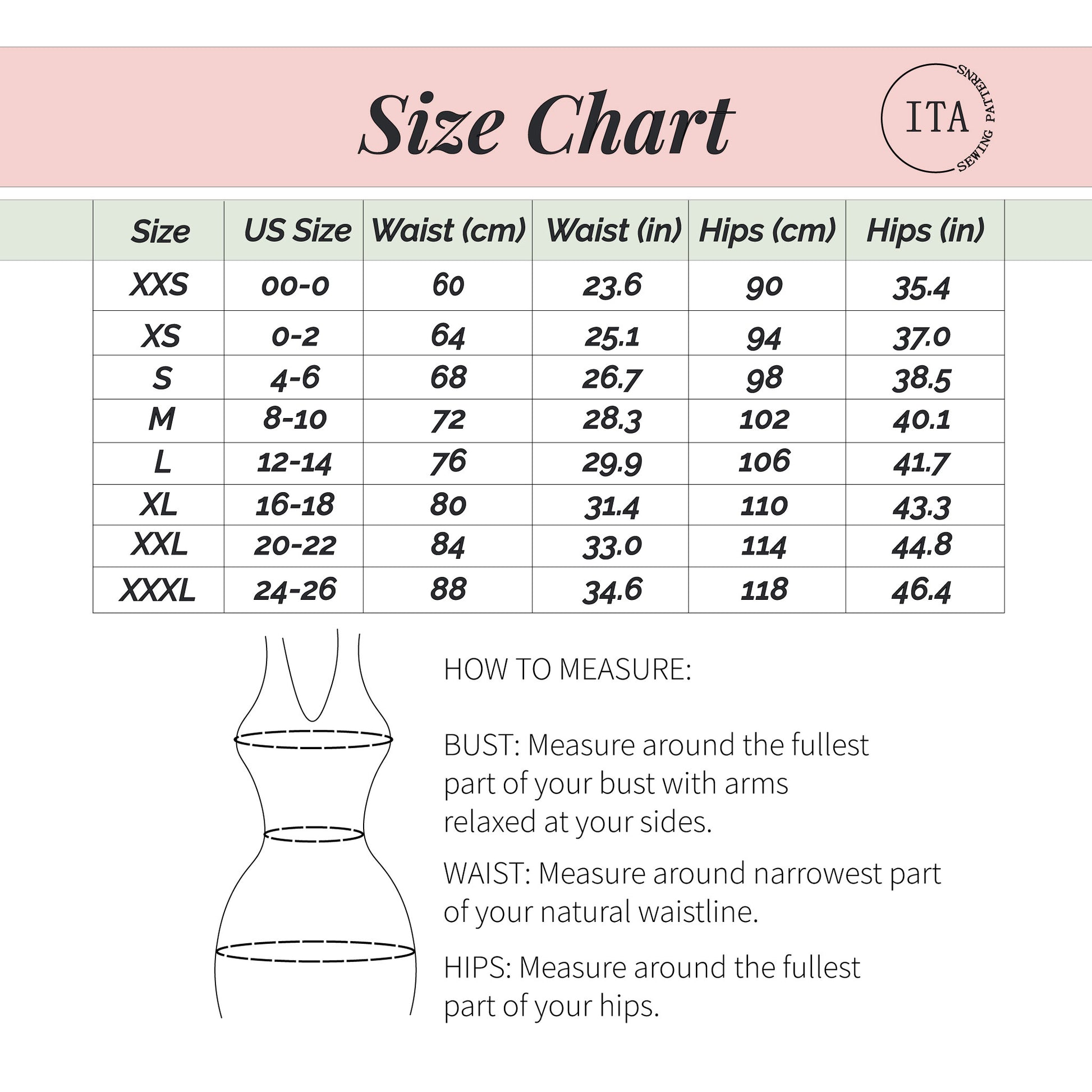 Size chart for women's clothing with measurements in centimeters and inches, and a diagram on how to measure bust, waist, and hips.