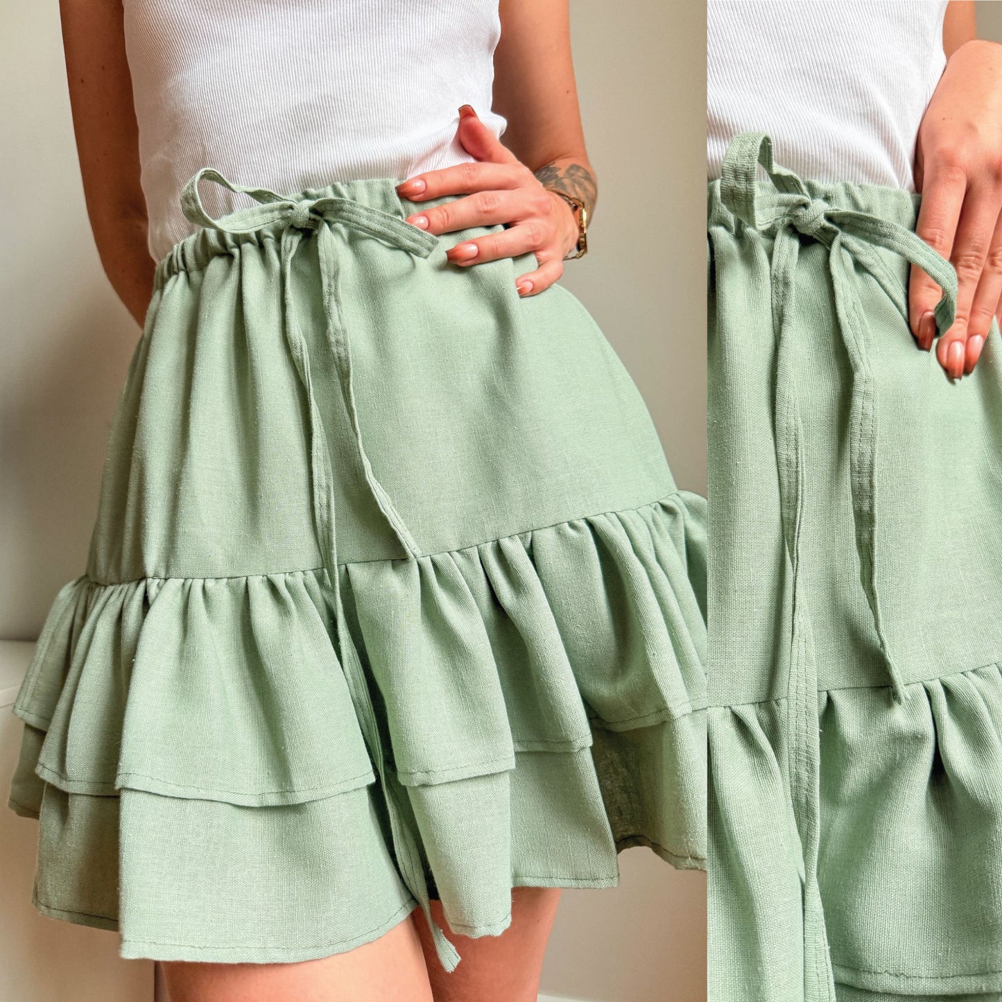A sage green tiered ruffle mini skirt with a tie waist, shown on a model wearing a white top. The image features a split view showing the front and side details of the skirt.
