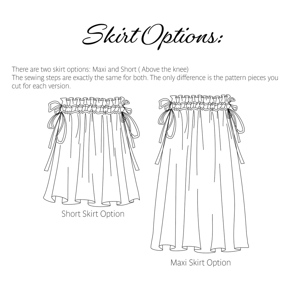 Bali skirt sewing pattern in sizes XXS to 3XL on different bodies
