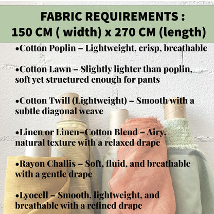 Fabric requirements chart for delulu pants ruffled hem sewing pattern with fabric types and their characteristics, displayed against a textured wall.