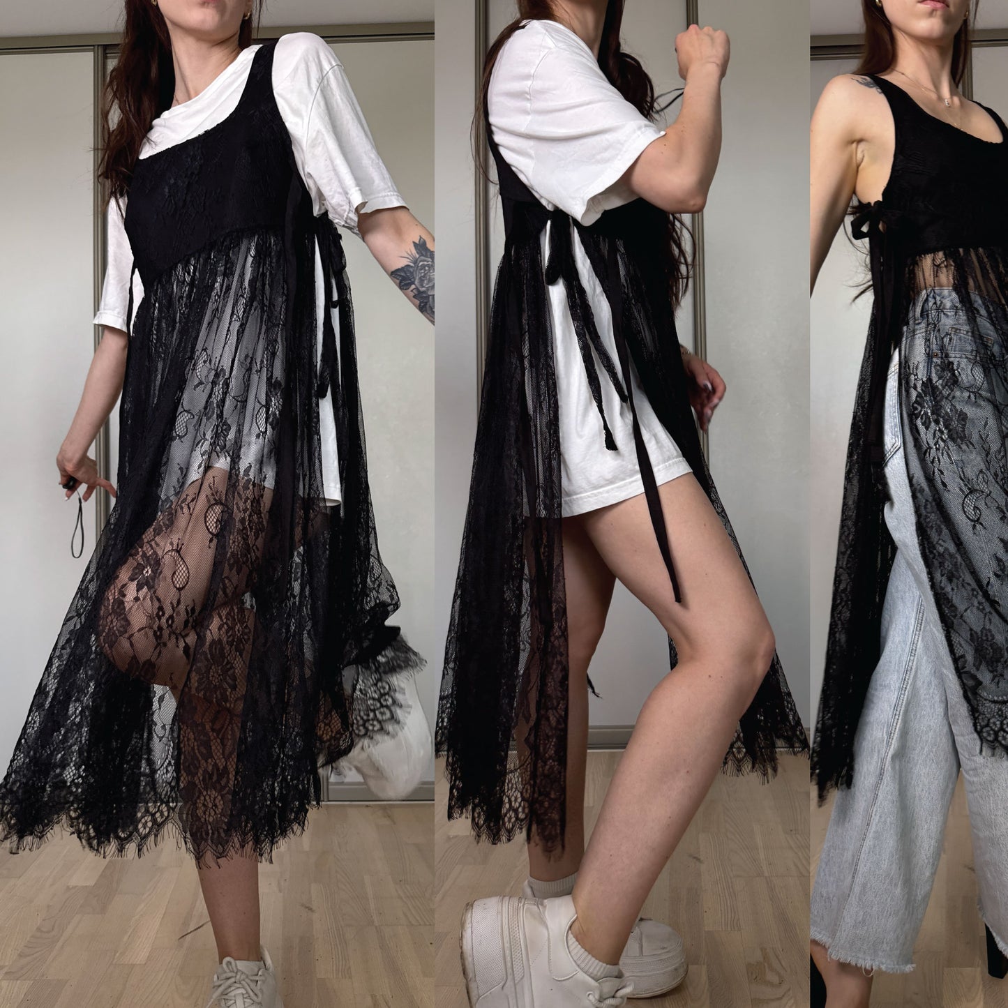 A three-panel collage showing a woman modeling a black sheer lace long drape dress over a white t-shirt and shorts, paired with light blue jeans and white sneakers in an indoor room.