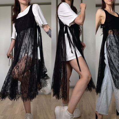 A three-panel collage showing a woman modeling a black sheer lace long drape dress over a white t-shirt and shorts, paired with light blue jeans and white sneakers in an indoor room.