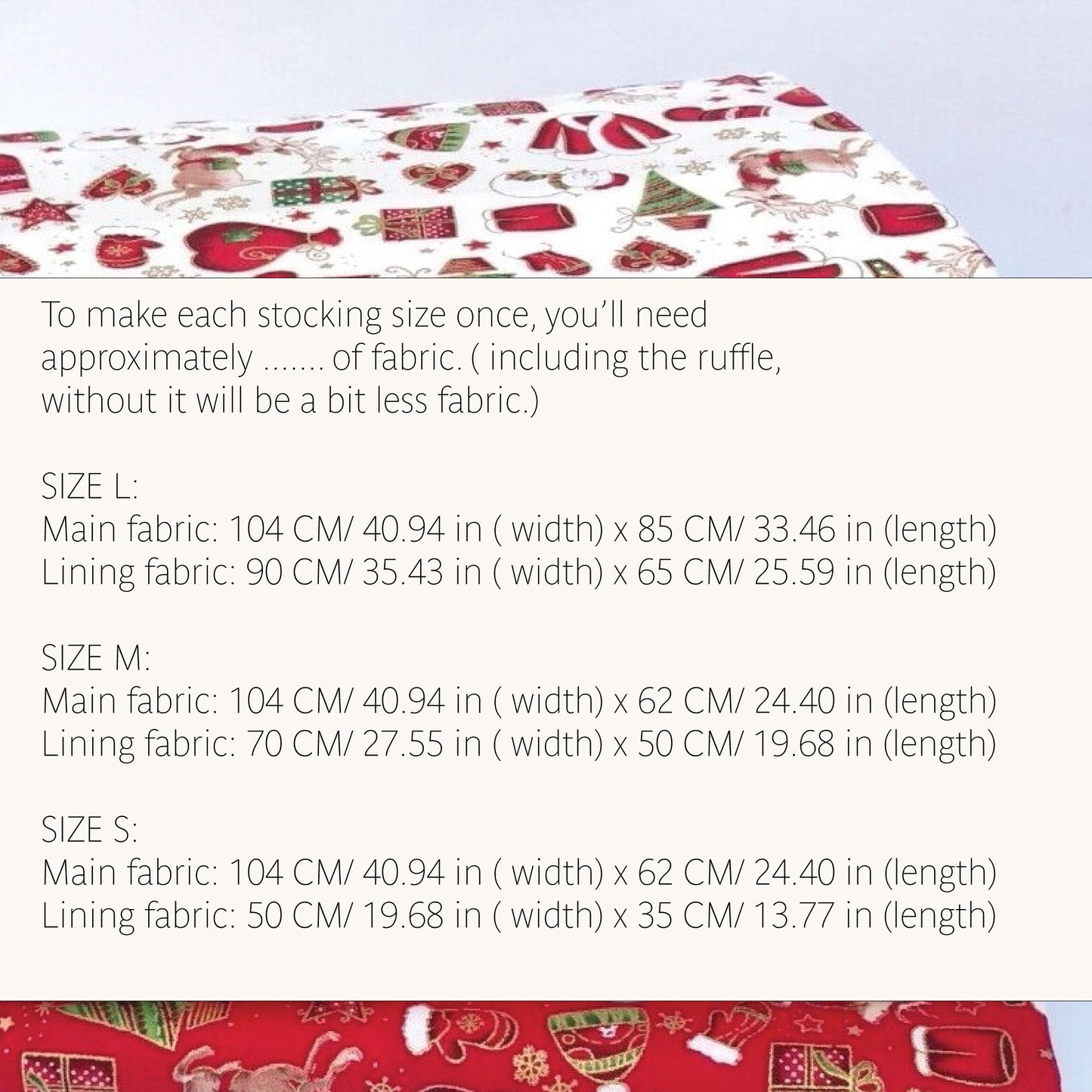 A fabric swatch with a festive Christmas print of Santa Claus, elves, and holiday trees, shown above a text panel detailing fabric measurements for sizes L and S.