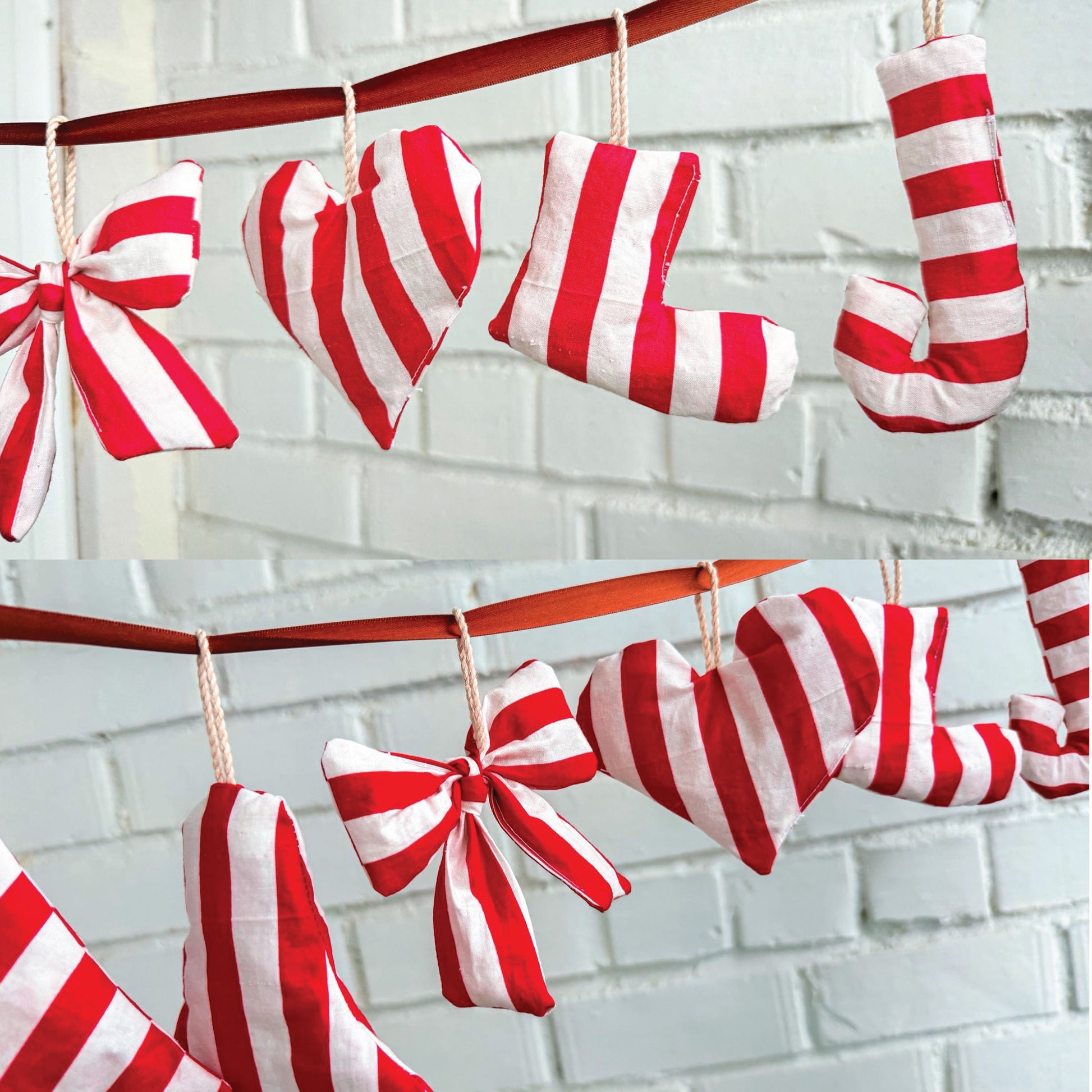 A festive red and white striped fabric garland hanging against a white brick wall. The garland features multiple shapes including bows, hearts, stockings, and candy canes, suspended from a wooden dowel.