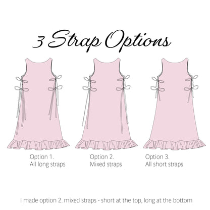 A product information graphic showing three illustrated sleeveless dresses with side tie straps and ruffled hems, labeled Option 1, Option 2, and Option 3 for strap lengths. Text at the top reads '3 Strap Options' and a note at the bottom explains that option 2 uses mixed straps.