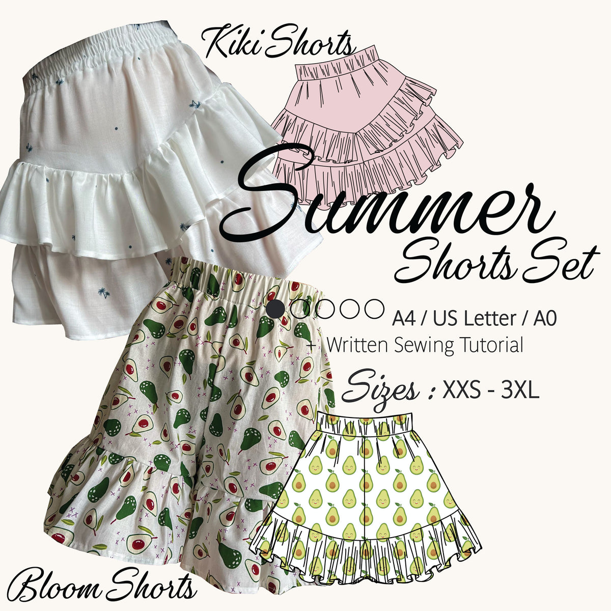 Promotional graphic for a 'Summer Shorts Set' sewing tutorial by Kiki Shorts and Bloom Shorts, showing three illustrated ruffled shorts designs: white with tiny blue dots, pink, and two cream-colored patterns (avocado and pear prints). Text details include sizes XXS-3XL and sewing paper sizes A4, US Letter, and A0.