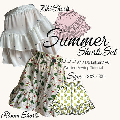 Promotional graphic for a 'Summer Shorts Set' sewing tutorial by Kiki Shorts and Bloom Shorts, showing three illustrated ruffled shorts designs: white with tiny blue dots, pink, and two cream-colored patterns (avocado and pear prints). Text details include sizes XXS-3XL and sewing paper sizes A4, US Letter, and A0.