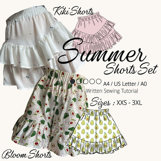 Promotional graphic for a 'Summer Shorts Set' sewing tutorial by Kiki Shorts and Bloom Shorts, showing three illustrated ruffled shorts designs: white with tiny blue dots, pink, and two cream-colored patterns (avocado and pear prints). Text details include sizes XXS-3XL and sewing paper sizes A4, US Letter, and A0.