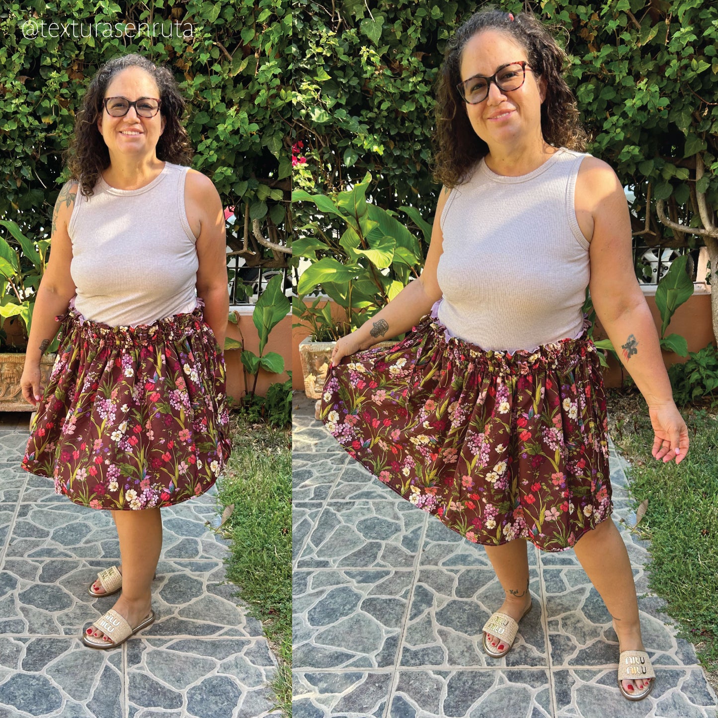 A side-by-side outdoor photo of a woman modeling a floral print skirt with a white sleeveless top. The setting is a garden with green foliage and a stone path.