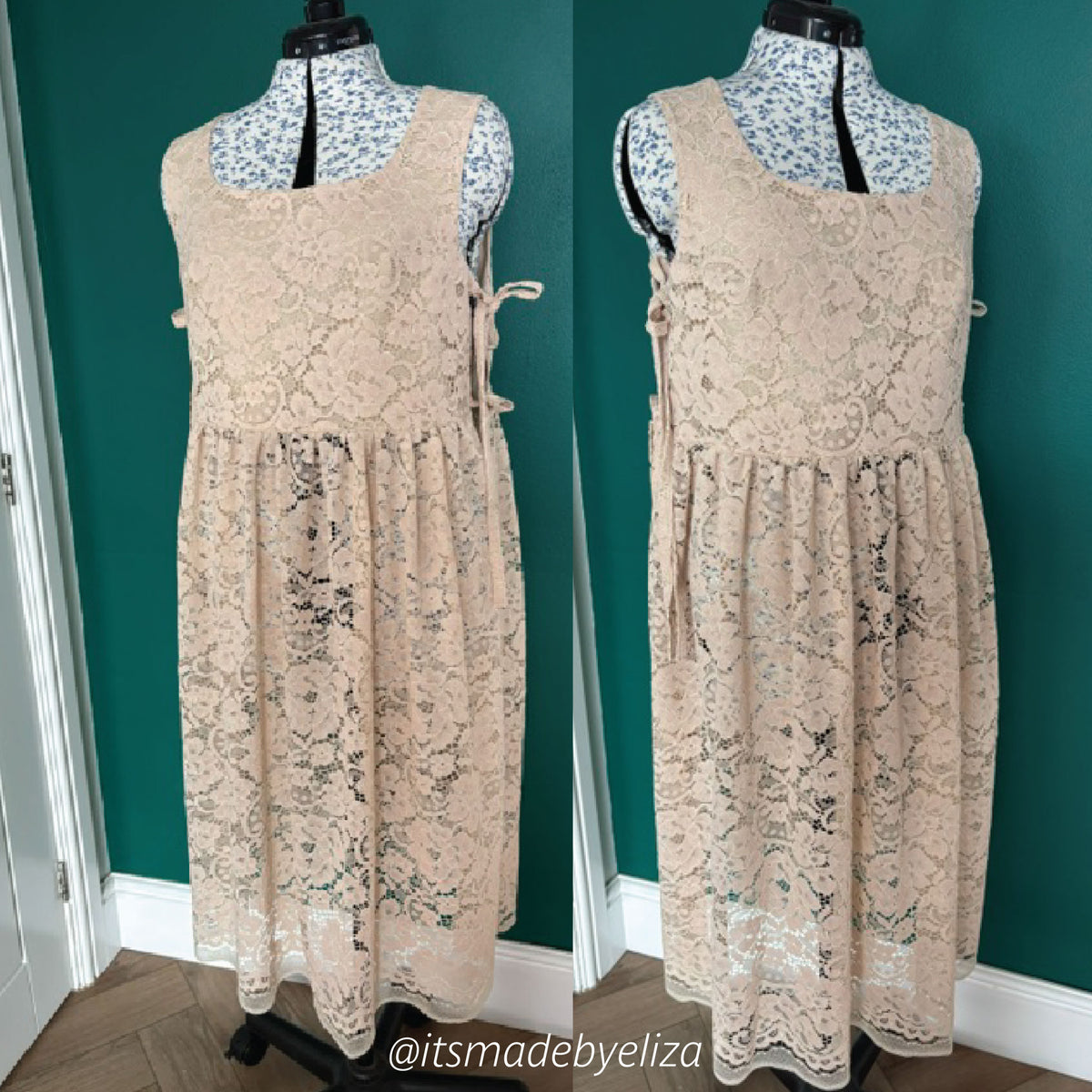 A sleeveless beige lace dress displayed on a black dress form from the front and side against a dark teal wall.