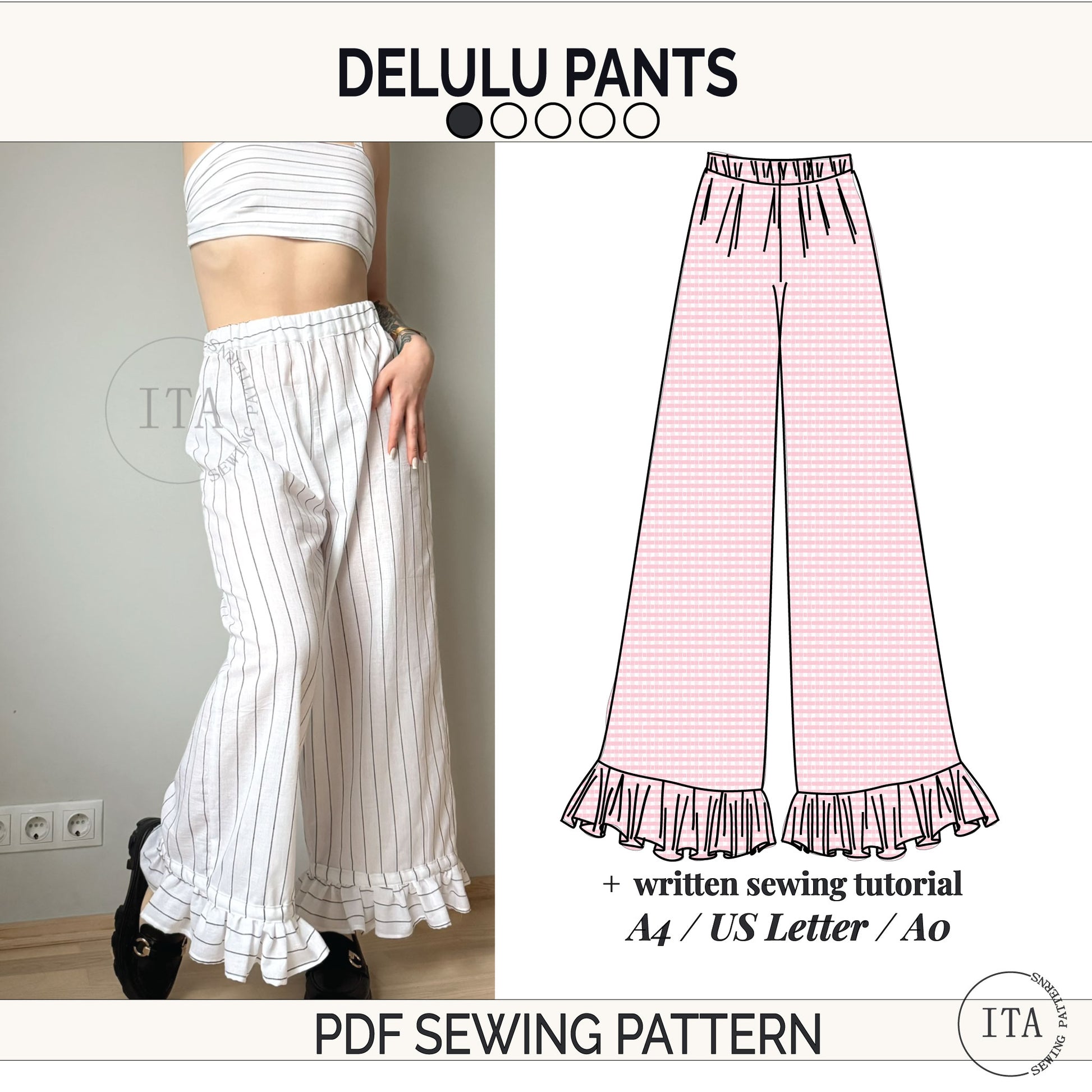 White pants with ruffles on a person and a sewing pattern illustration of pink pants with ruffles.