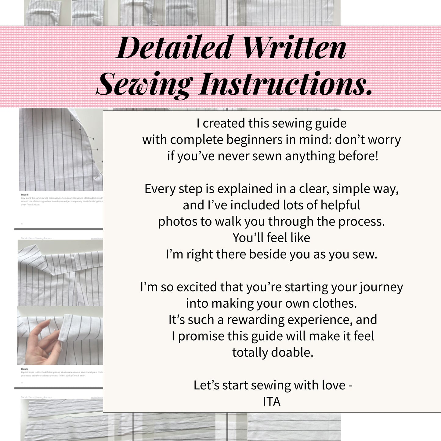 Complete beginners Sewing guide with text and images on a pink and white checkered background