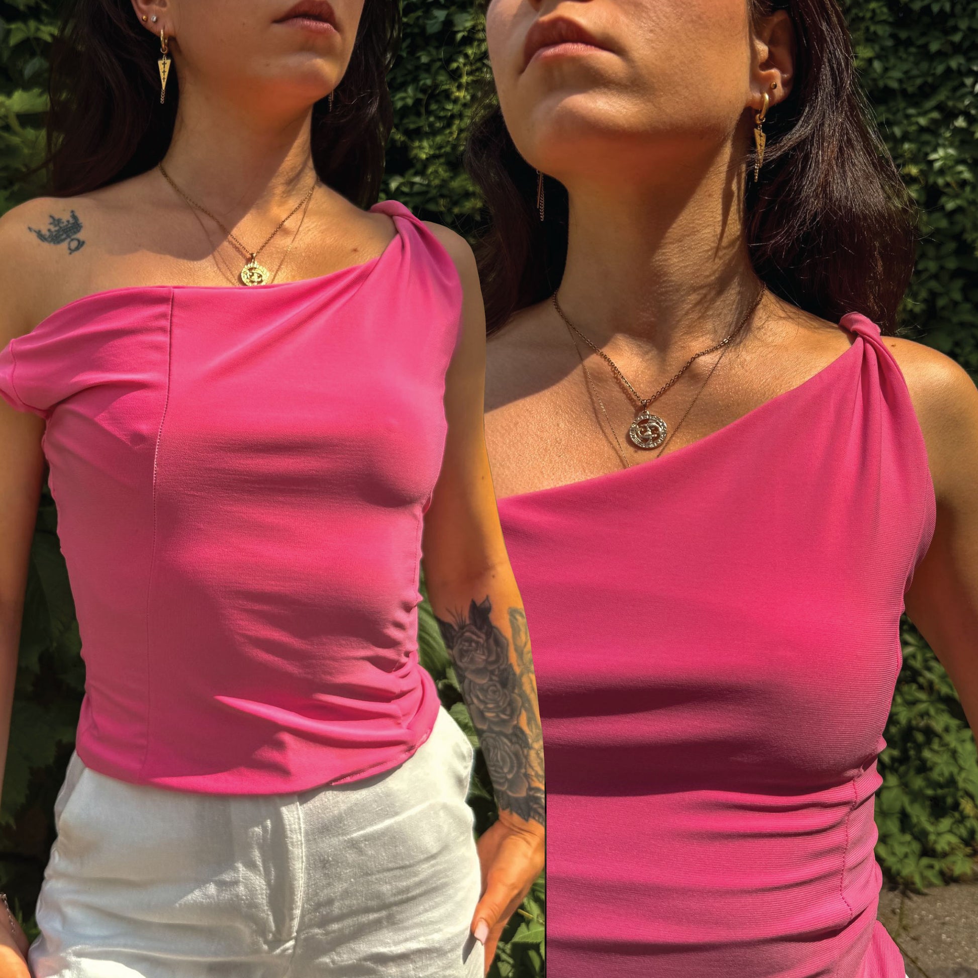 A woman wearing a bright pink one-shoulder wrap top, shown in a split-screen close-up against a green outdoor background.