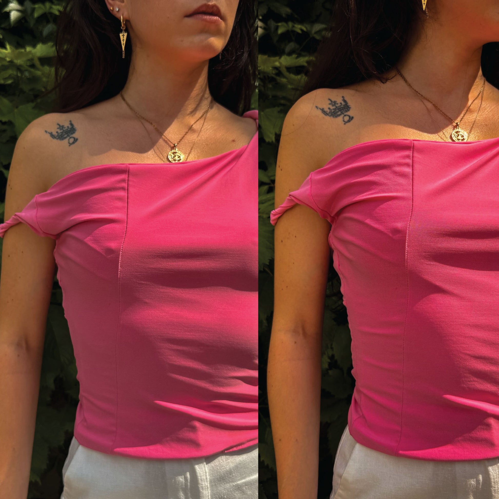 A woman wearing a bright pink off-the-shoulder fitted top, shown in a split-screen view against a dark green outdoor background.