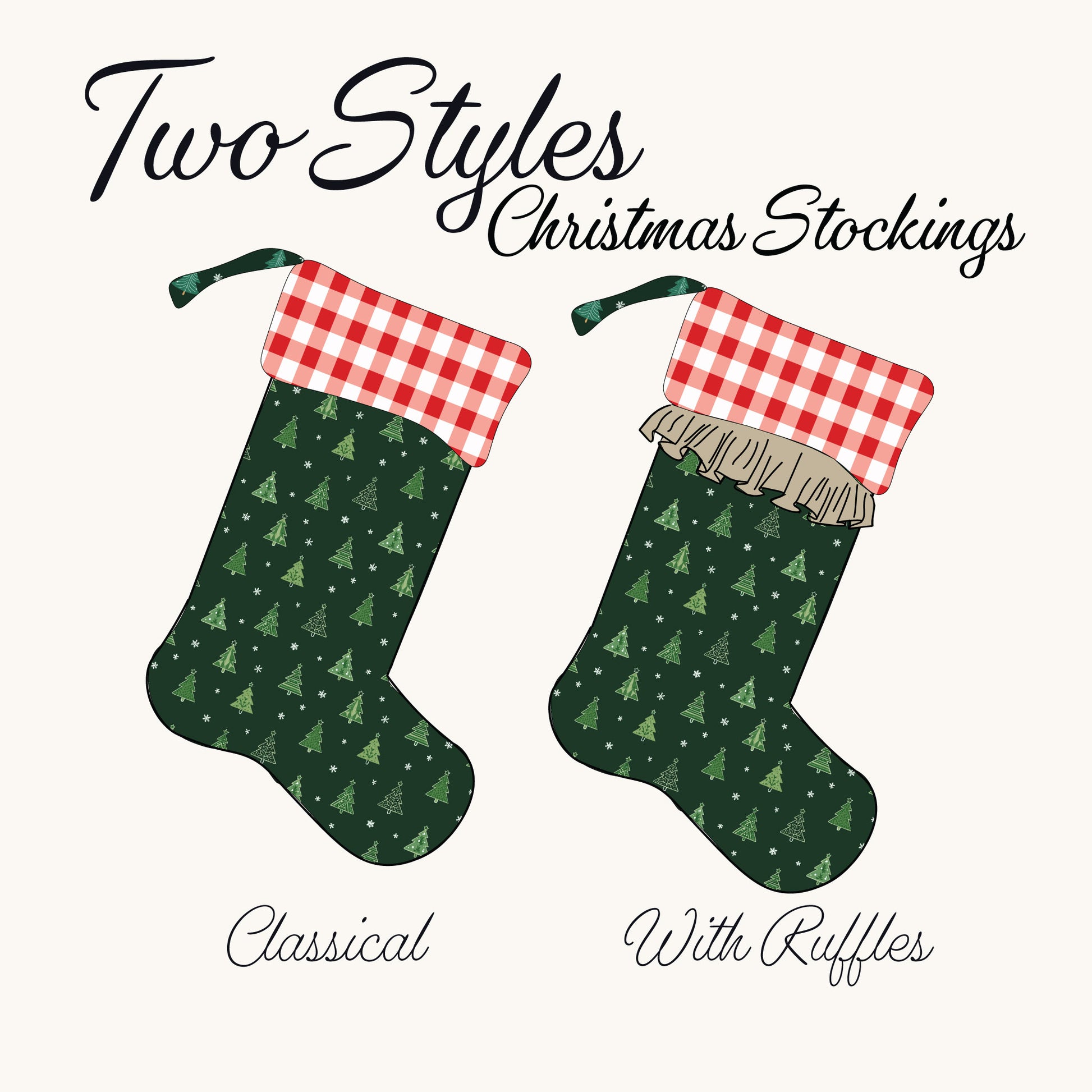 Illustrated product graphic showing two Christmas stockings on a light cream background. The left stocking is labeled 'Classical' and has a dark green body with a repeating green tree pattern and a red-and-white gingham cuff.