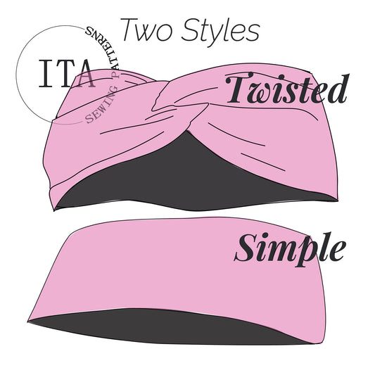 Two pink headbands illustrations, labeled 'Simple' and 'Twisted'two styles,  on a white background with ITA sewing patterns logo
