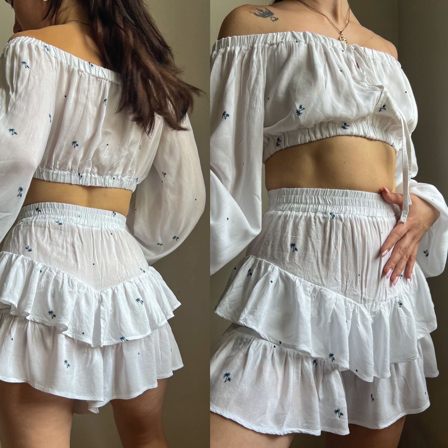 A two-panel photo shows a woman modeling a white off-the-shoulder long-sleeve crop top and matching tiered ruffle mini skirt with small scattered blue floral prints. The left panel shows the back view, and the right panel shows the front view.