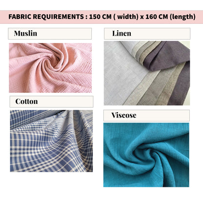 Fabric requirements for Velora shorts sewing pattern showing muslin, linen, cotton and viscose fabric options with required width and length.