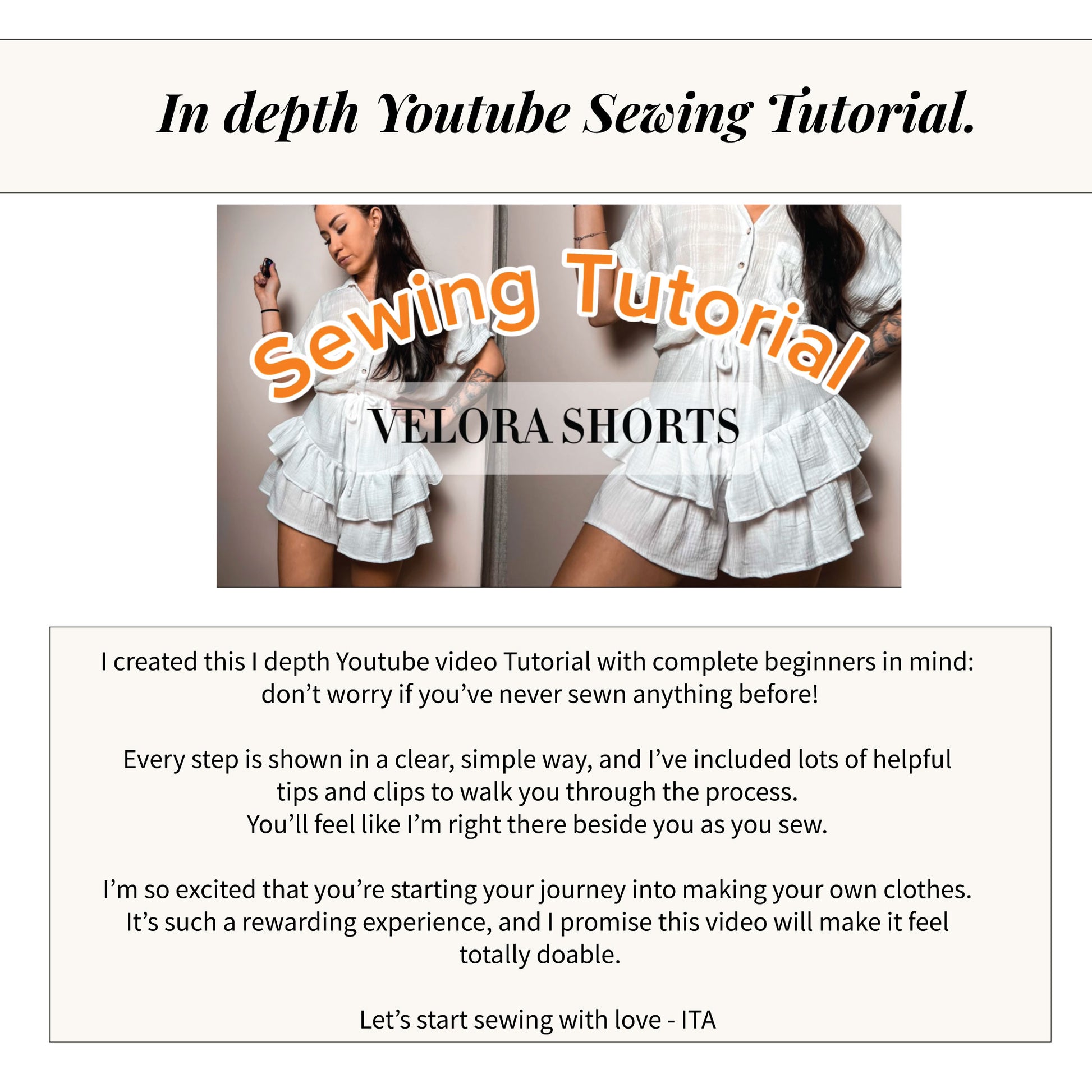 In depth YouTube sewing tutorial for Velora shorts sewing pattern showing finished shorts and tutorial preview images.