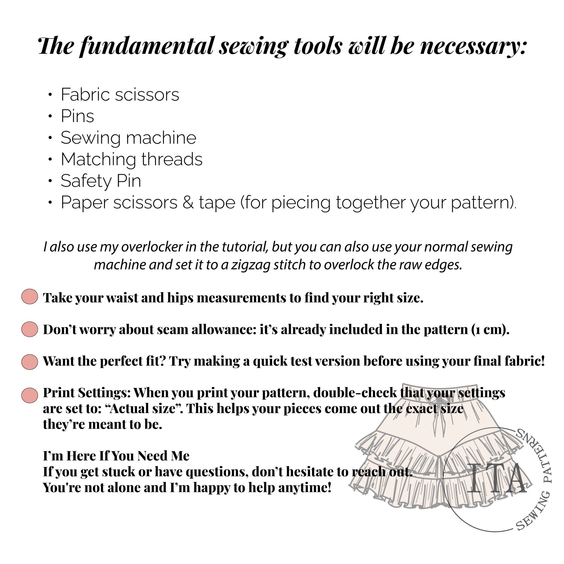 List of fundamental sewing tools needed for Velora shorts sewing pattern, including scissors, pins, sewing machine, threads, and safety pin.