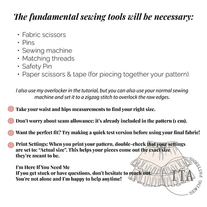 List of fundamental sewing tools needed for Velora shorts sewing pattern, including scissors, pins, sewing machine, threads, and safety pin.