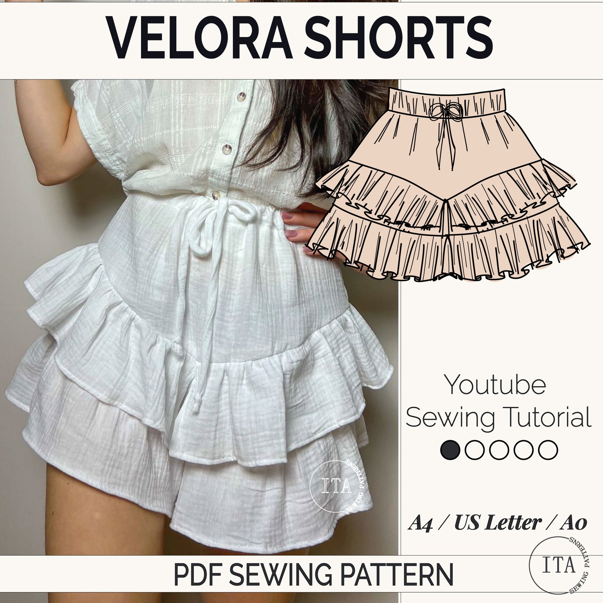 Velora shorts sewing pattern cover image showing finished ruffled shorts, pattern illustration, and information about the YouTube sewing tutorial and PDF formats.