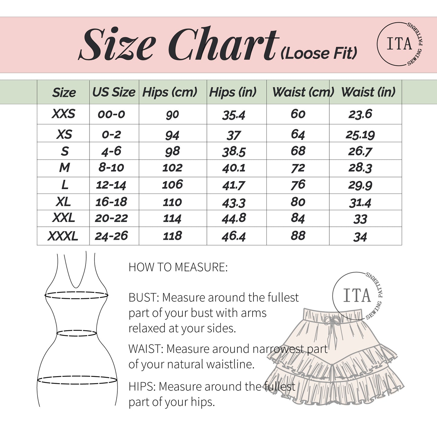 Size chart for Velora shorts sewing pattern showing waist and hip measurements in centimeters and inches with loose fit guide.