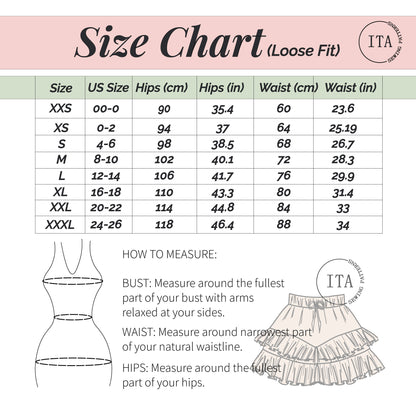 Size chart for Velora shorts sewing pattern showing waist and hip measurements in centimeters and inches with loose fit guide.