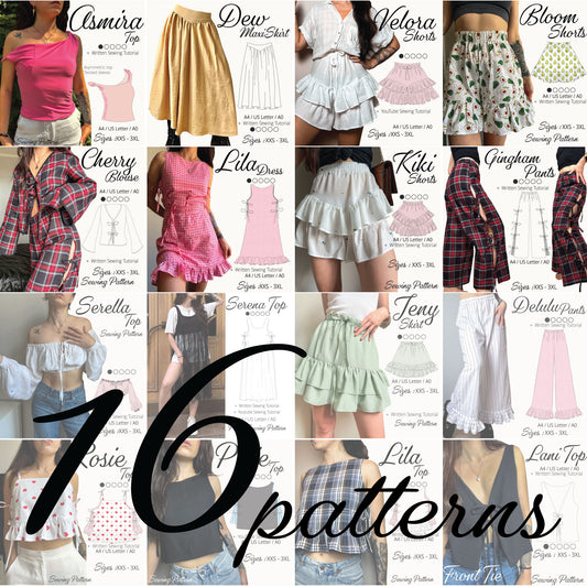 A collage of 16 fashion pattern designs labeled with names like Asmira, Dew, Velara, Bloom, Cherry, Lila, Kiki, Gangster, Serella, Serena top, Jeny boot, Delulu top, Rosie top, and Lina top, showing both garment sketches and model photos. Large text at the bottom reads '16 patterns'.
