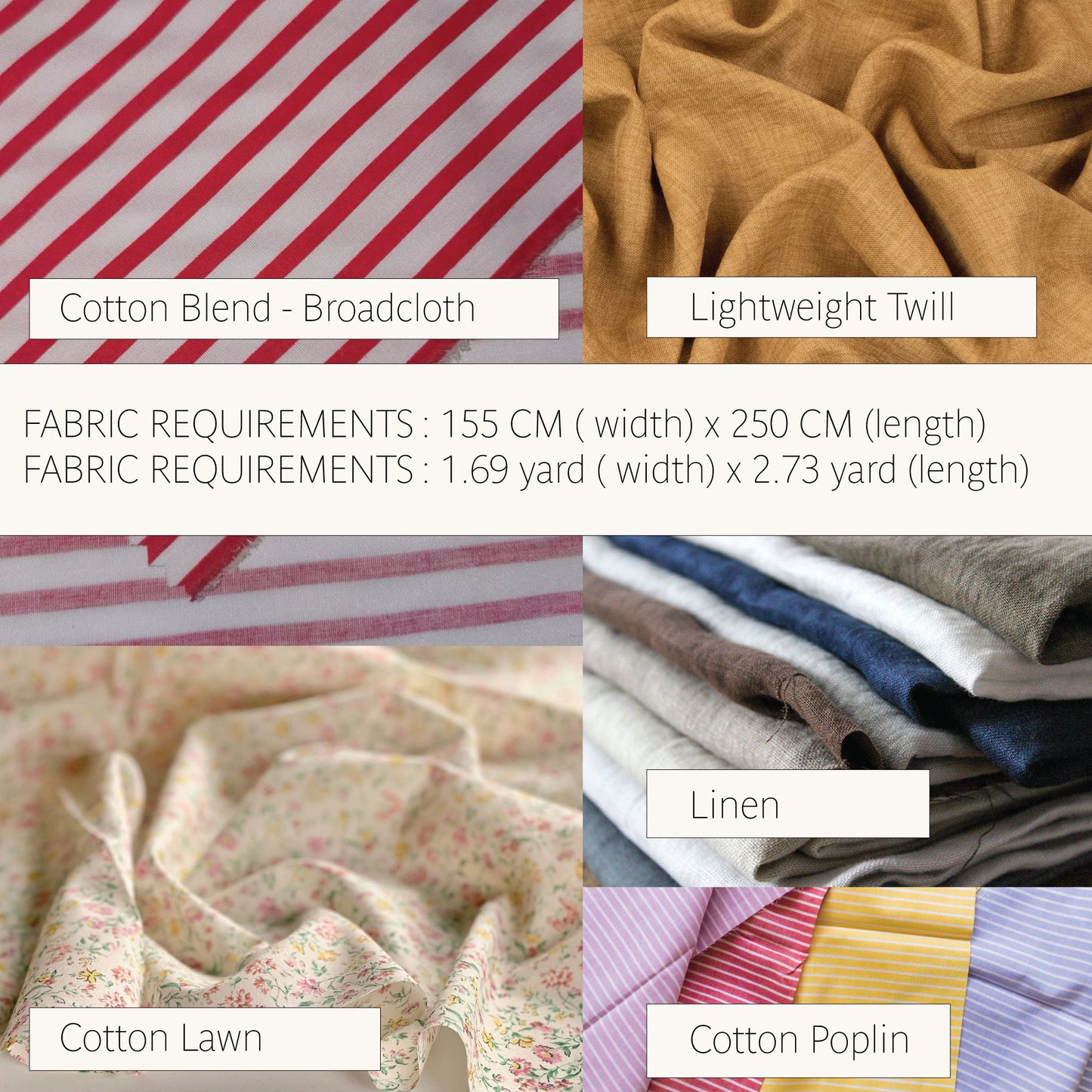 A fabric selection collage showing six textile types: Cotton Blend - Broadcloth with red and white stripes, Lightweight Twill in tan, a stack of folded fabrics labeled Linen, Cotton Lawn with a small floral print, and Cotton Poplin in purple, pink, and yellow. Text lists fabric requirements in centimeters and yards.