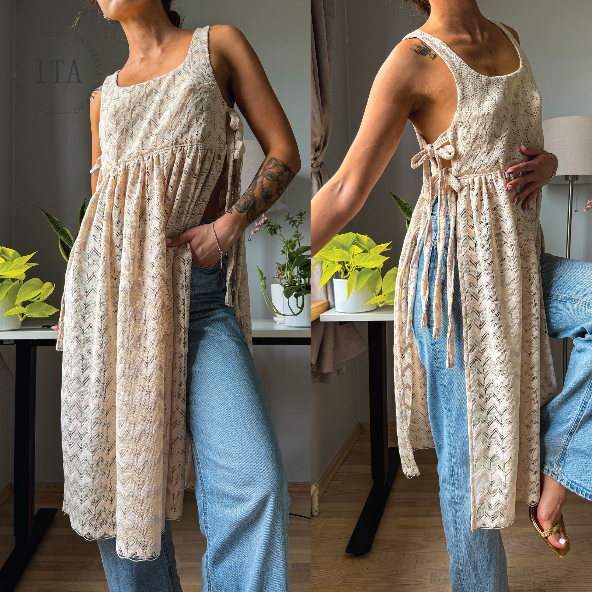 A woman models a sleeveless, backless cream-colored dress with a beige and brown chevron pattern, featuring tie details at the waist and side ties. She is wearing light blue jeans in a home setting with plants and tables visible in the background.