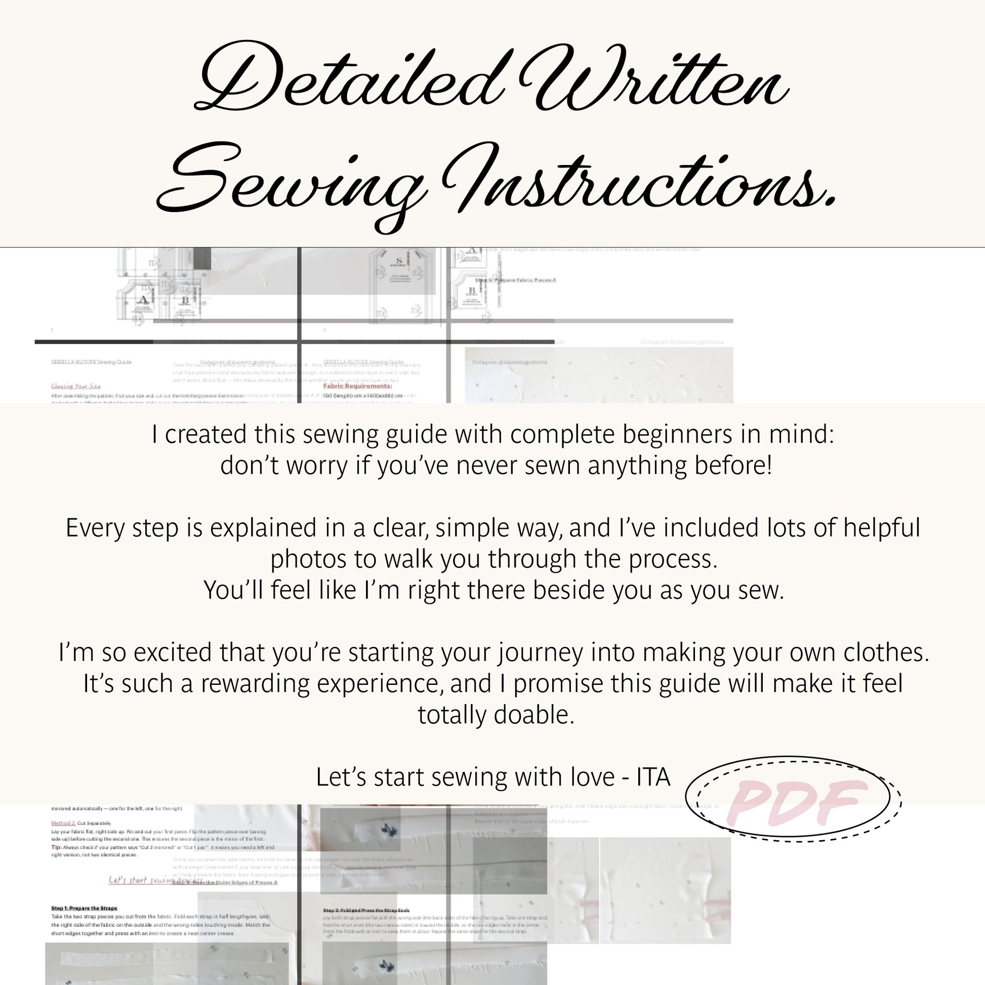 Promotional graphic for a digital sewing instruction guide, featuring the title 'Detailed Written Sewing Instructions.' in black script at the top, a block of descriptive text in the center, and partial sewing pattern pages shown along the bottom.