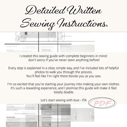 Promotional graphic for a digital sewing instruction guide, featuring the title 'Detailed Written Sewing Instructions.' in black script at the top, a block of descriptive text in the center, and partial sewing pattern pages shown along the bottom.