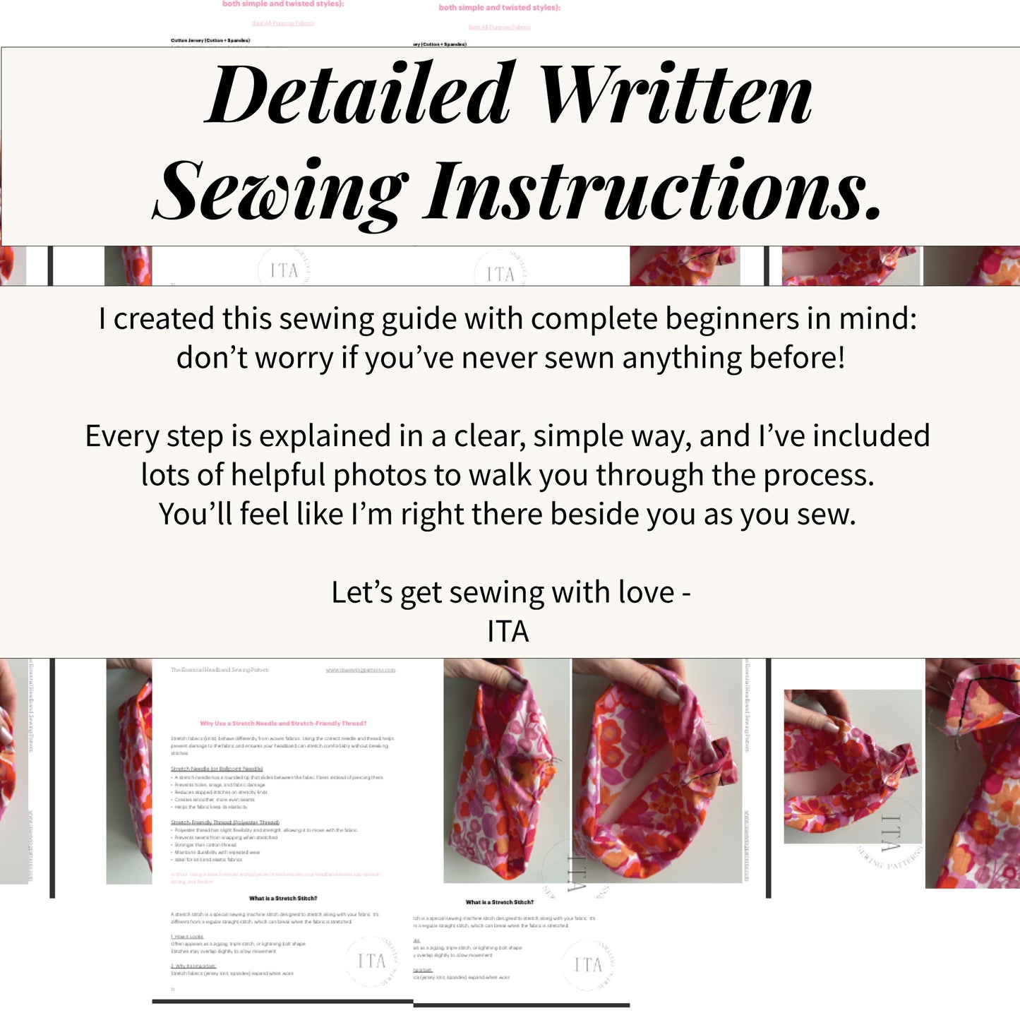 Written Sewing guide with text and images on a white background, detailed sewing instructions included