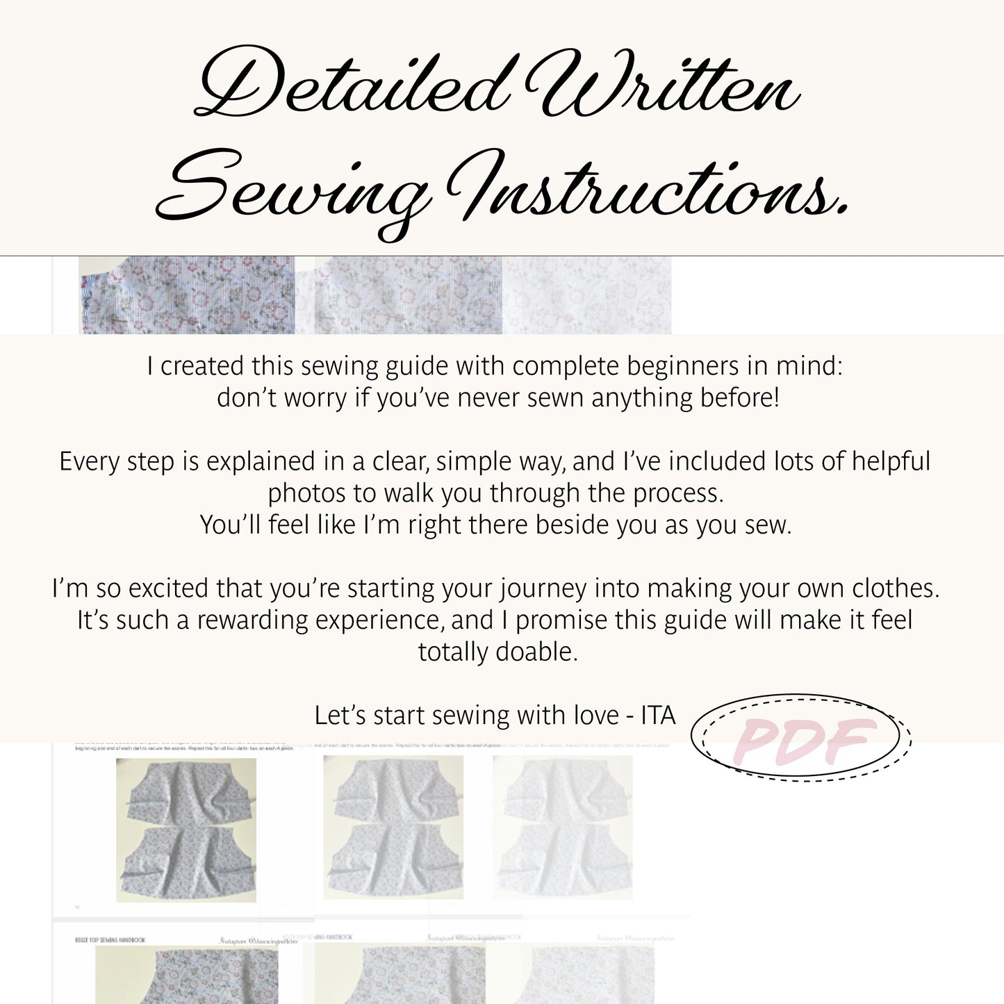 Promotional graphic for a sewing instruction PDF guide titled 'Detailed Written Sewing Instructions.' The design has a cream background with black script text, small inset photos of fabric and garment-making steps, and a pink 'PDF' label.
