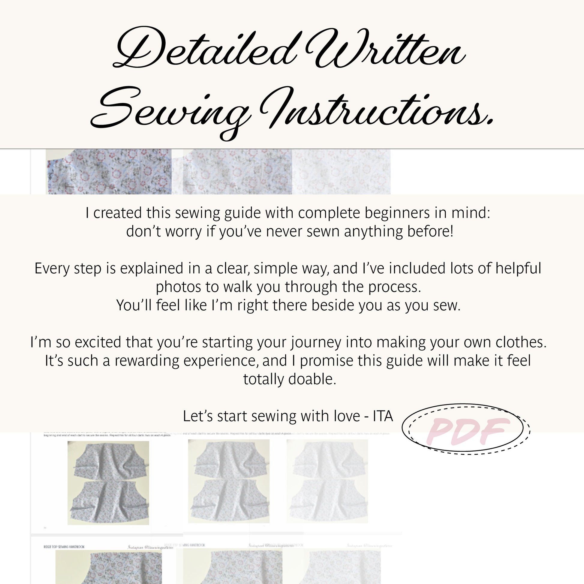 Promotional graphic for a sewing instruction PDF guide titled 'Detailed Written Sewing Instructions.' The design has a cream background with black script text, small inset photos of fabric and garment-making steps, and a pink 'PDF' label.