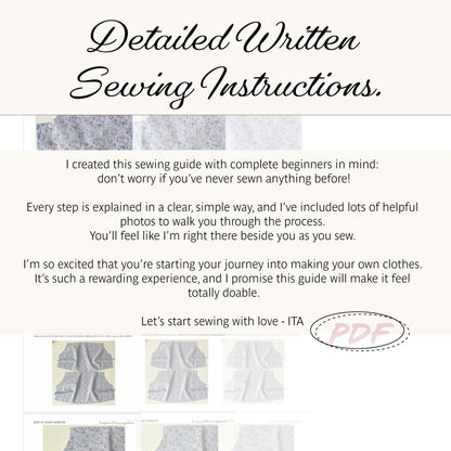 Promotional graphic for a sewing instruction PDF guide titled 'Detailed Written Sewing Instructions.' The design has a cream background with black script text, small inset photos of fabric and garment-making steps, and a pink 'PDF' label.