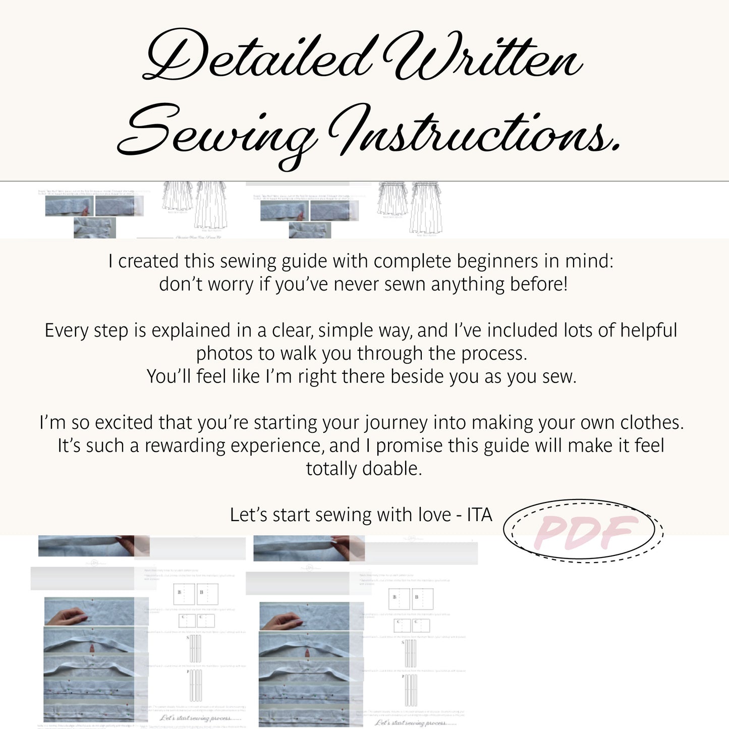 Promotional graphic for a 'Detailed Written Sewing Instructions' PDF guide by ITA, featuring text descriptions, small photos of hands sewing, and sewing pattern sheets on a cream background.