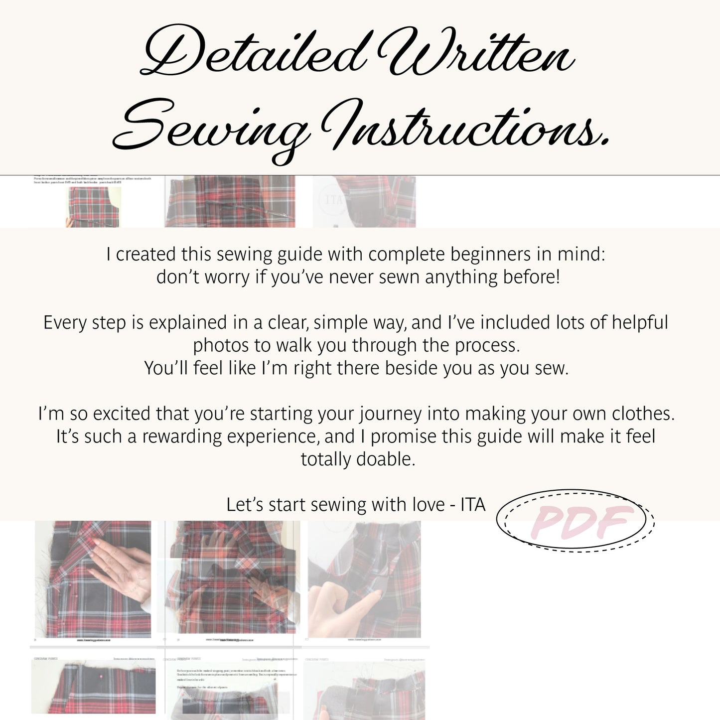 Promotional graphic for a digital sewing instruction guide titled 'Detailed Written Sewing Instructions.' The design has a cream background with black script text, paragraphs of descriptive copy, several small inset photos showing hands sewing plaid fabric, and a pink 'PDF' stamp.