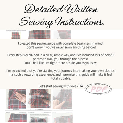 Promotional graphic for a digital sewing instruction guide titled 'Detailed Written Sewing Instructions.' The design has a cream background with black script text, paragraphs of descriptive copy, several small inset photos showing hands sewing plaid fabric, and a pink 'PDF' stamp.