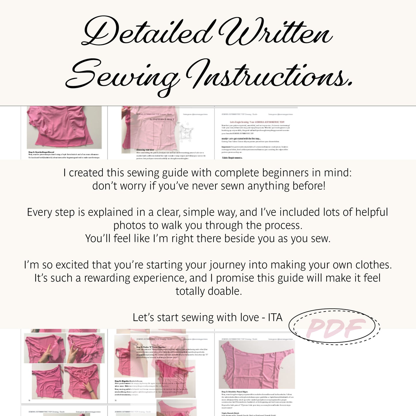 Promotional graphic for a PDF sewing instruction guide, titled 'Detailed Written Sewing Instructions.' The design has a cream background with black script text, small inset photos of pink garments, sample sewing layout sheets, and a pink 'PDF' stamp.