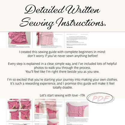 Promotional graphic for a PDF sewing instruction guide, titled 'Detailed Written Sewing Instructions.' The design has a cream background with black script text, small inset photos of pink garments, sample sewing layout sheets, and a pink 'PDF' stamp.
