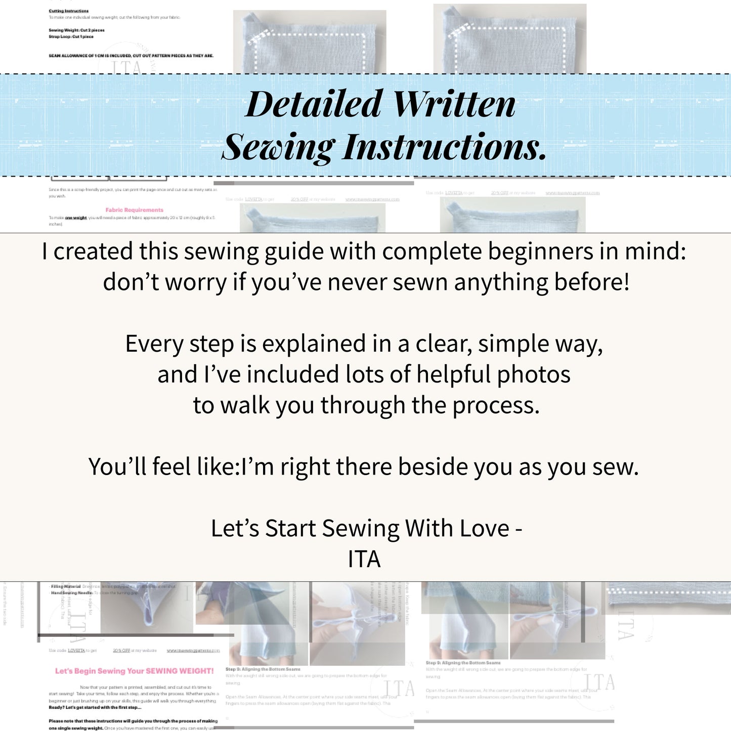 Text-based sewing guide with introductory message saying the written handbook is very beginner friendly and easy to follow.